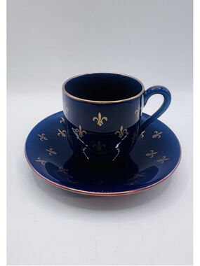 Vinatge Rorstrand Fleur De Lis Blue Gold Demitasse Espresso Cup & Saucer Sweden